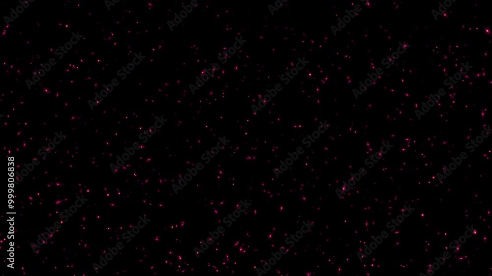 Poster abstract animation loop glow pink red stars particles flow up to top right on black background. 4k 3
