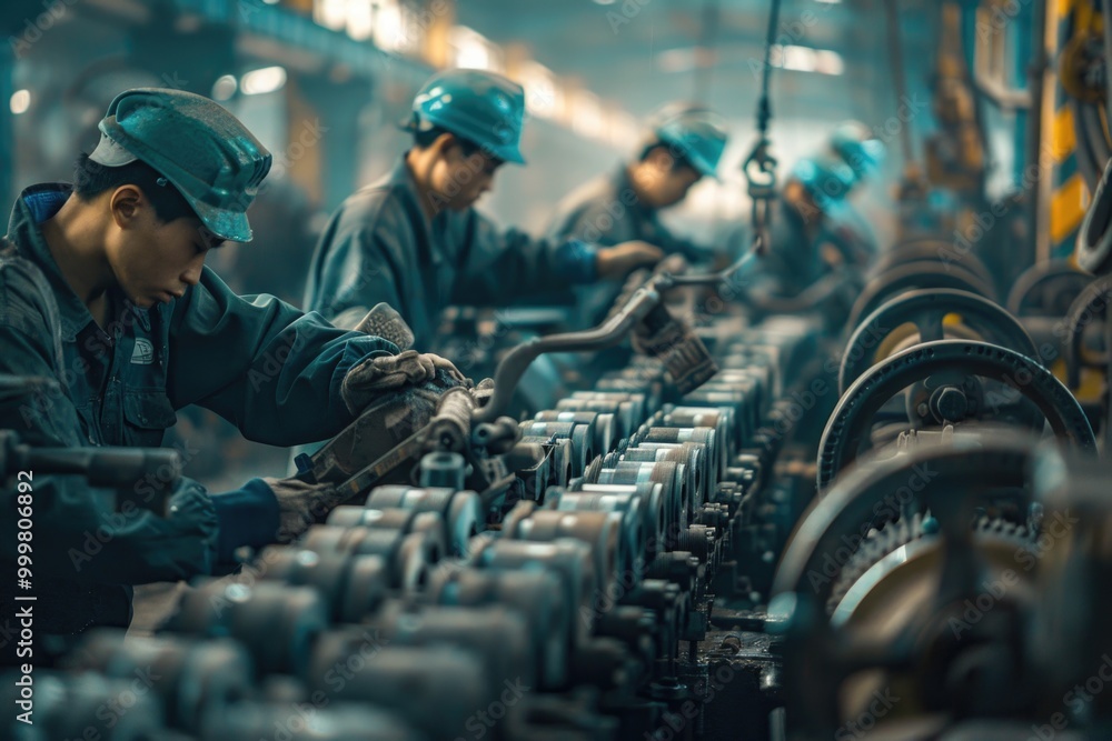 Aufkleber group of workers operating machinery in a factory setting