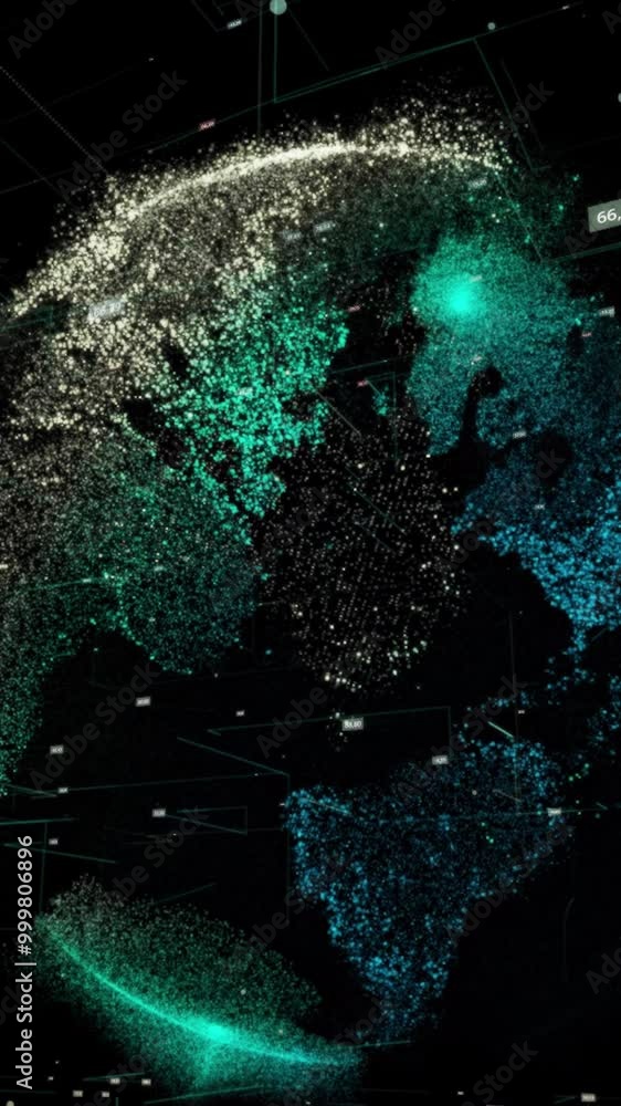Poster 3d planet in cyberspace of dots. animation. conceptual network data cyberspace with sphere, lines, d