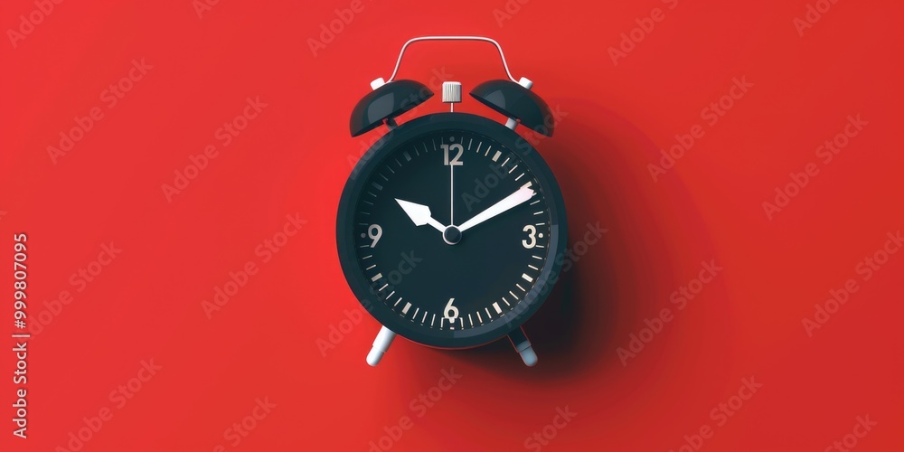 Poster a close-up of a black alarm clock sitting on a bright red background, perfect for highlighting time-
