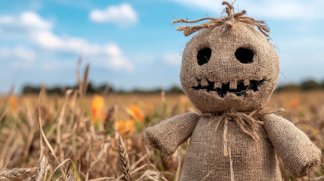 A scenic countryside view featuring a smart scarecrow with vibrant crops in the background emphasizing the integration of technology in enhancing agricultural productivity