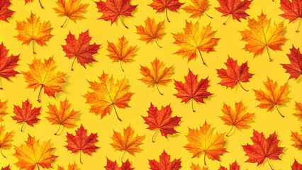 High Angle Seamless pattern of maple autumn leaves on a yellow background for fabric wallpaper wrapping