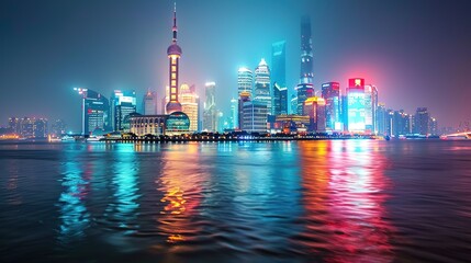 Naklejka premium Stunning Urban Architecture Night View and Urban Landscape: A Visual Feast of City Lights. Admire the Modernity and Elegance.