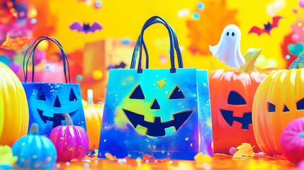 The vibrant Halloween banner showcases fun pumpkin-shaped bags surrounded by colorful pumpkins, ghosts, and autumn decorations, perfect for seasonal promotions