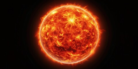 High angle sun flare in space background with red hot star sun, red and gold sun on black...