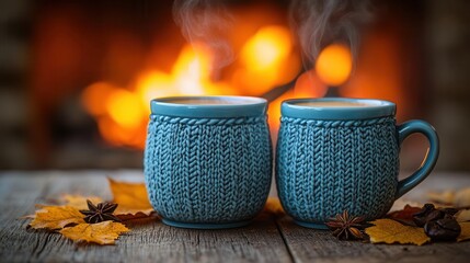 two steaming mugs of coffee resting on a rustic wooden table beside a crackling fireplace evoking warmth and coziness in an inviting autumn evening