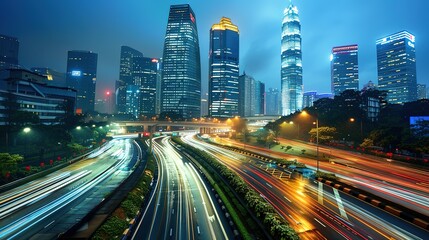 Fototapeta premium Stunning Urban Architecture Night View and Urban Landscape: A Visual Feast of City Lights. Admire the Modernity and Elegance.