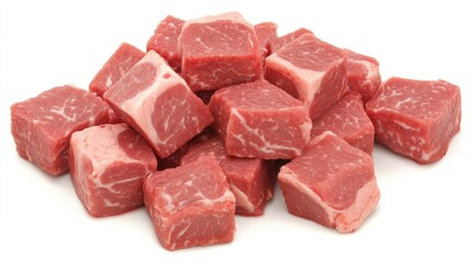 Fototapeta premium A top-down view of cubed raw meat stacked artistically, highlighting texture and color in macro photography