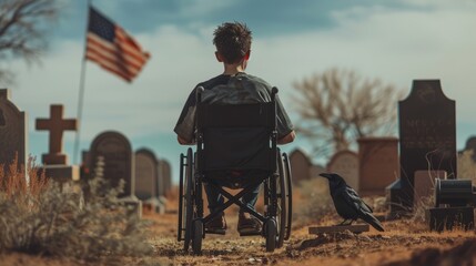 Obraz premium An unidentifiable young man in a wheelchair visits the graves of his lost loved ones, with an American flag standing tall in the serene surroundings.