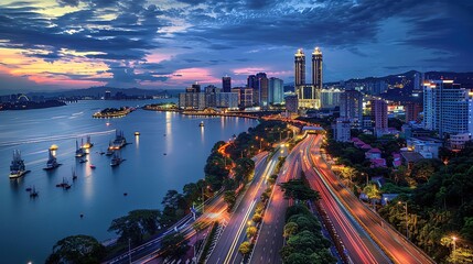Stunning Urban Architecture Night View and Urban Landscape: A Visual Feast of City Lights. Admire the Modernity and Elegance.