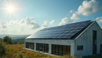 Obraz premium Eco-Friendly Modern House with Solar Panels, Sustainable Living, Green Energy