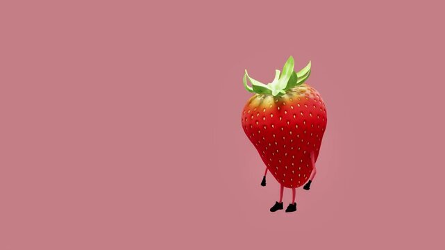 A 3D animated strawberry character dancing energetically. The scene showcases playful and lively movements, blending the charm of a colorful fruit with fun and vibrant digital animation.