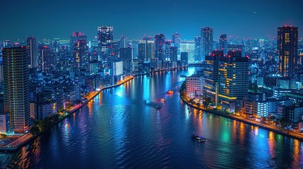 Naklejka premium Stunning Urban Architecture Night View and Urban Landscape: A Visual Feast of City Lights. Admire the Modernity and Elegance.