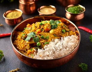Mixed indian vegetable curry, plant based bowl. Cauliflower and potato, peas along with rice