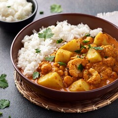 Mixed indian vegetable curry, plant based bowl. Cauliflower and potato, peas along with rice