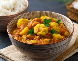 Mixed indian vegetable curry, plant based bowl. Cauliflower and potato, peas along with rice