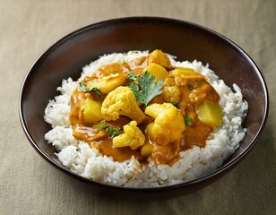 Mixed indian vegetable curry, plant based bowl. Cauliflower and potato, peas along with rice