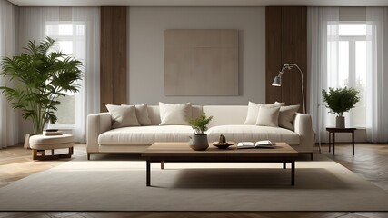 Serene Simplicity: A White Sofa with Greenery in a Modern Minimalist Living Room.

