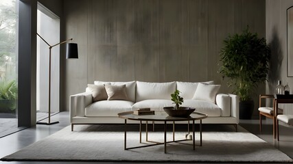 Tranquil Modern Living: White Sofa and Potted Plants in a Clean, Minimalist Interior