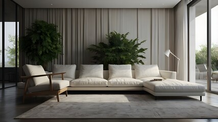 Fototapeta premium Tranquil Modern Living: White Sofa and Potted Plants in a Clean, Minimalist Interior