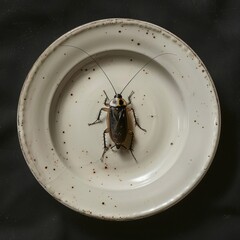 An unwelcome sight of a huge pest on an empty plate, a disgusting insect in the kitchen.