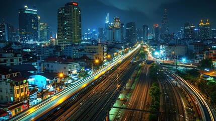 Obraz premium Stunning Urban Architecture Night View and Urban Landscape: A Visual Feast of City Lights. Admire the Modernity and Elegance.