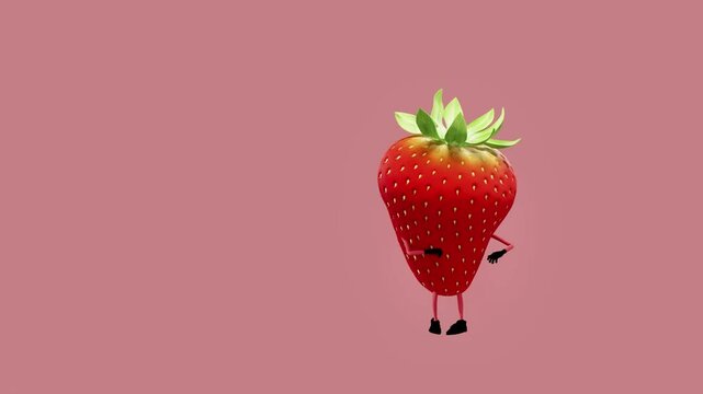 A 3D animated strawberry character dancing energetically. The scene showcases playful and lively movements, blending the charm of a colorful fruit with fun and vibrant digital animation.
