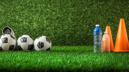 Naklejka premium Soccer Balls Water Bottles and Cones on Green Grass