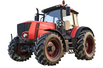 A close-up shot of a bright red tractor with large tires on a clean white background