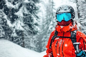 A person wearing an orange jacket and goggles is seen in the snow, with a possible winter sports or adventure theme