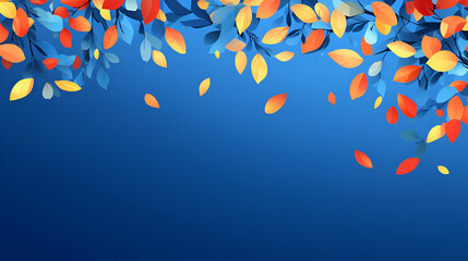 Colorful autumn leaves gently falling against a vibrant blue background in a serene nature setting