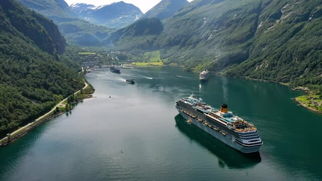 Cruise Liners On Geiranger fjord, Norway