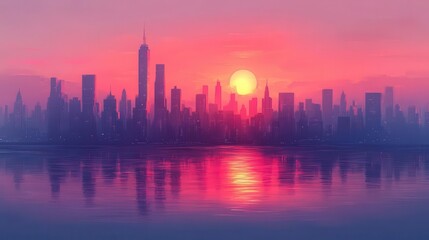 Obraz premium vector illustration of a sunset over a city skyline capturing the beauty of urban life as the sun dips below the horizon in soft pastel colors