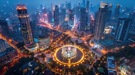 Obraz premium Stunning Urban Architecture Night View and Urban Landscape: A Visual Feast of City Lights. Admire the Modernity and Elegance.