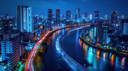 Fototapeta premium Stunning Urban Architecture Night View and Urban Landscape: A Visual Feast of City Lights. Admire the Modernity and Elegance.