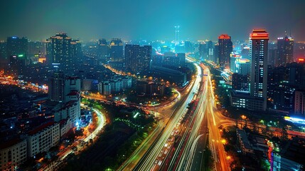 Stunning Urban Architecture Night View and Urban Landscape: A Visual Feast of City Lights. Admire the Modernity and Elegance.