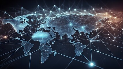 A stylized map of the world with connecting lines representing global connections and communication.