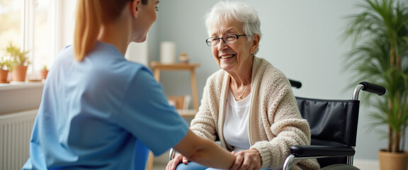 Senior woman in wheelchair, caregiver holding hands, Healthcare, elderly care, compassion, support.