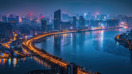 Fototapeta premium Stunning Urban Architecture Night View and Urban Landscape: A Visual Feast of City Lights. Admire the Modernity and Elegance.