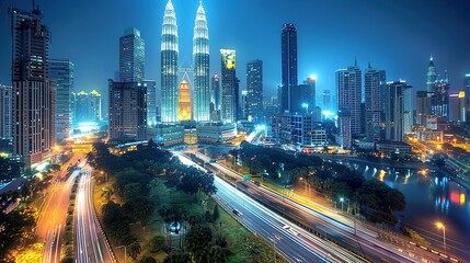 Obraz premium Stunning Urban Architecture Night View and Urban Landscape: A Visual Feast of City Lights. Admire the Modernity and Elegance.