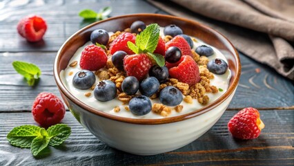 Bowl of yogurt with granola and berries, a healthy and satisfying breakfast option for dieting and weight loss , yogurt