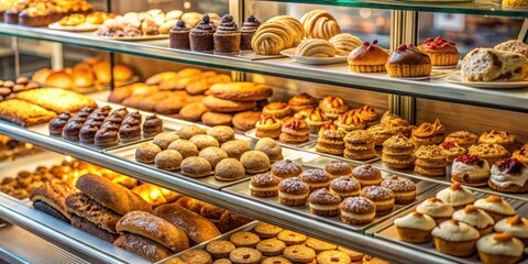 Assorted baked goods in display case, pastries, bread, muffins, cupcakes, sweets, bakery, display, variety, selection