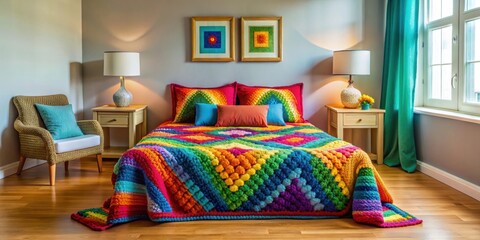 Colorful and cozy guest room with rainbow afghan and throw pillows, cozy, guest room, colorful, rainbowhued