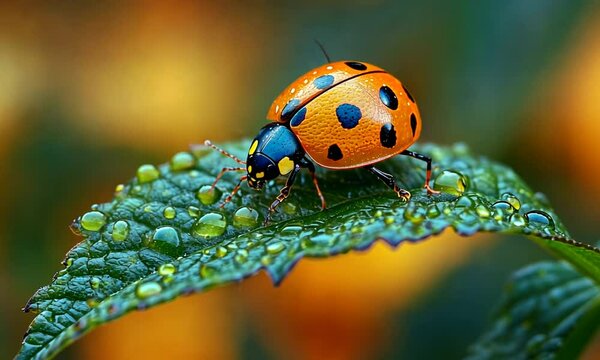 A vibrant ladybug resting on a dew-covered leaf.