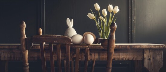 Happy Easter Egg Holiday Bunny And Eggs Spring Flower Backround Easter Egg In Wooden Chairs At Table With Badian Or Star Anise Spice In Dining Room On Grey Wood And Black Background