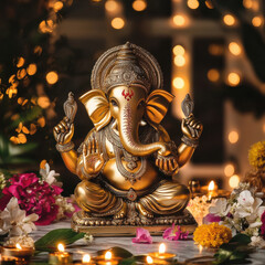 Fototapeta premium lord ganesha statue with oil lamp