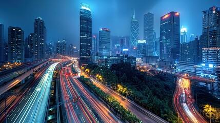 Fototapeta premium Stunning Urban Architecture Night View and Urban Landscape: A Visual Feast of City Lights. Admire the Modernity and Elegance.