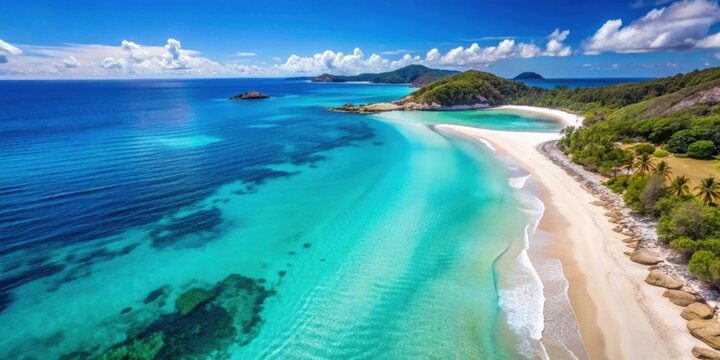 Aereal view of a beautiful beach with crystal clear water and white sand, beach, aerial view, travel, seascape, coastline