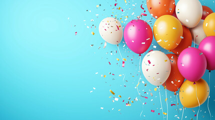 Festive background with colorfulballoons and scattered white confetti