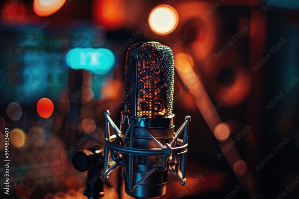 Poster a microphone in a recording studio setting with blurred background